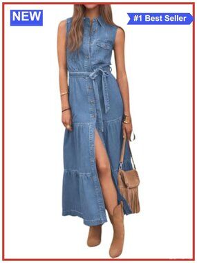 Button Down Denim Midi Dress Sleeveless Belted A-Line Business Casual Jean Dress
